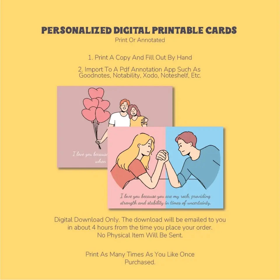 25 Reasons Why I Love You: Personalized Digital Printable Cards