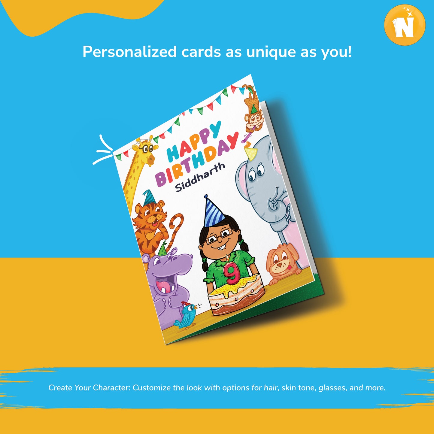 Personalized Birthday Card for Kids - Adorable Animal Theme with Cake & Balloons (Ages 1-18, Portrait)