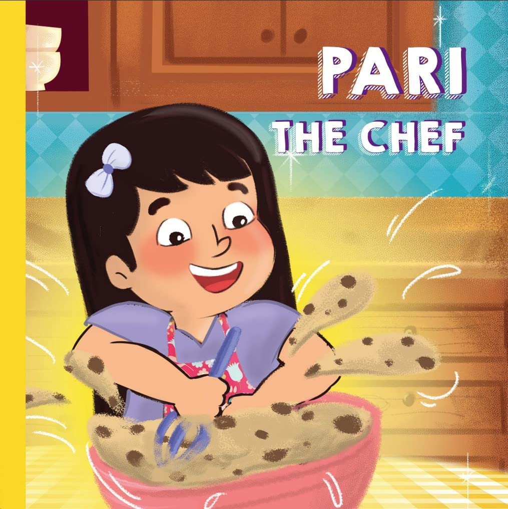 Cover of a children's storybook titled 'PARI THE CHEF' featuring an illustration of a young girl with a bow in her hair, smiling and stirring a pot.