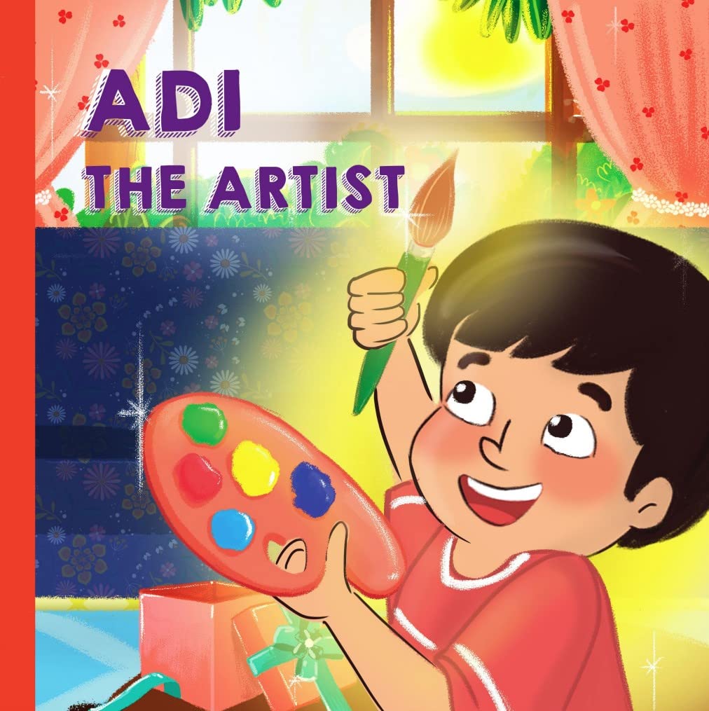 Cover of a children's storybook titled 'ADI THE ARTIST' featuring an illustration of a young child with a paintbrush and palette.