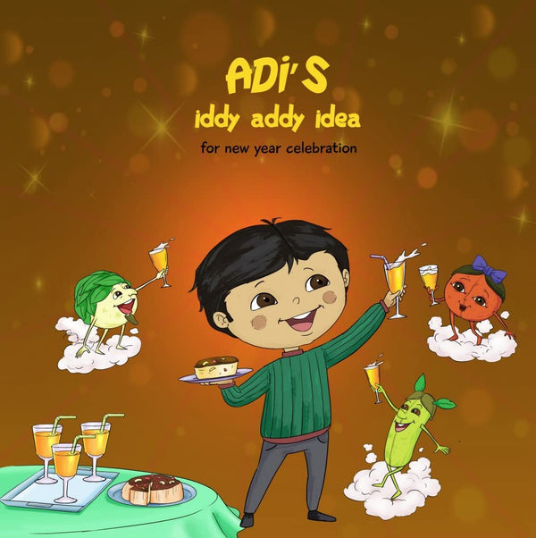 A cover illustration of a personalized storybook titled 'Adi's Iddy Addy Idea' featuring a young child serving drinks to animated characters, indicating a festive or celebration theme.