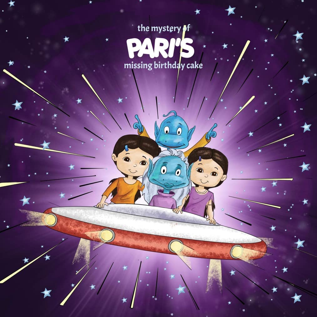 A cover illustration of a children's storybook titled 'The Mystery of Paris missing birthday cake' featuring cartoonish characters, a blue alien, and a young child, with a space theme.