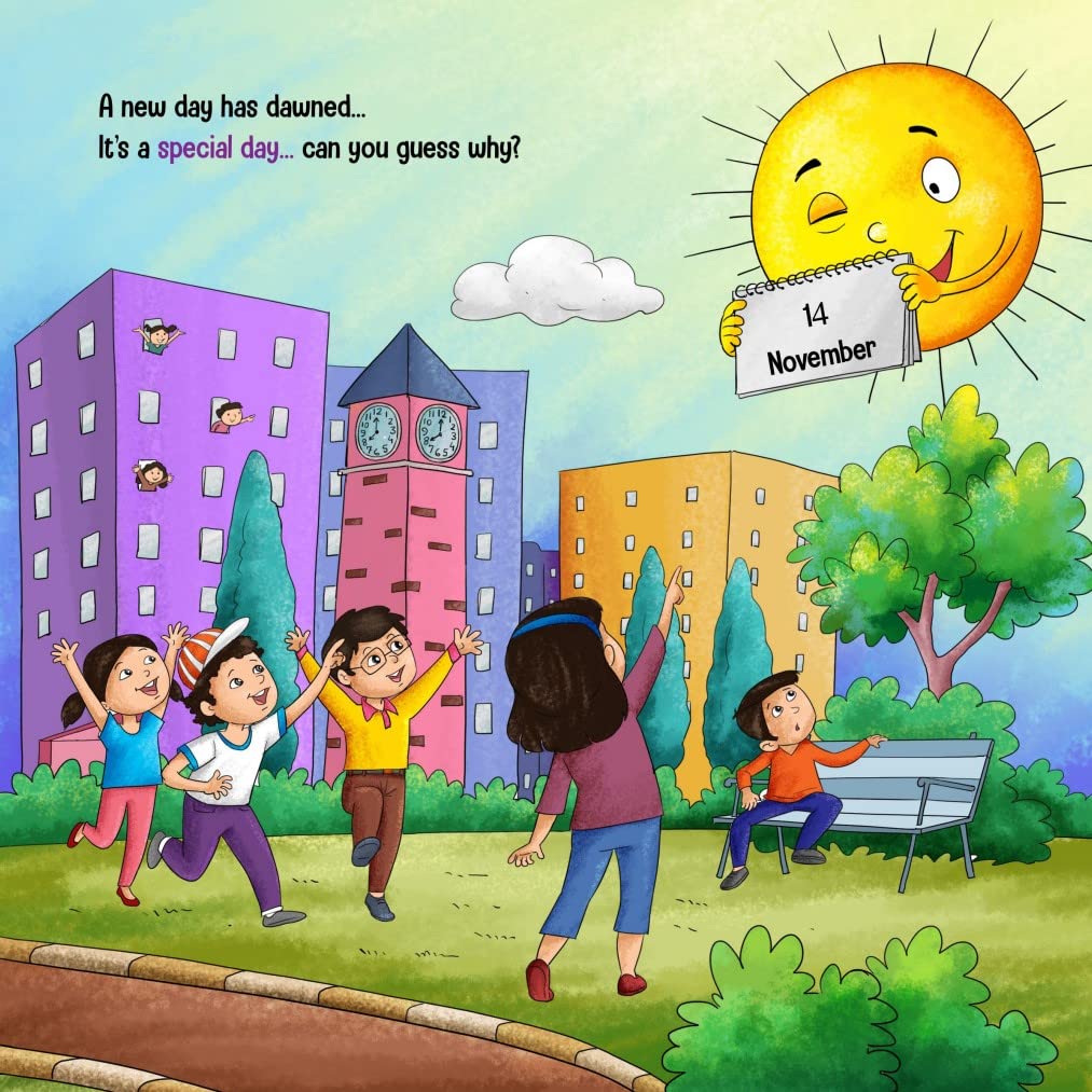 A page illustration of a children's storybook titled 'The Mystery of Paris missing birthday cake' featuring cartoonish characters, sun, buildings, play area and a young children cheering.