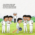 Page of a children's storybook about cricket with a cartoon illustration of a child with a bat, accused by other children on the ground.