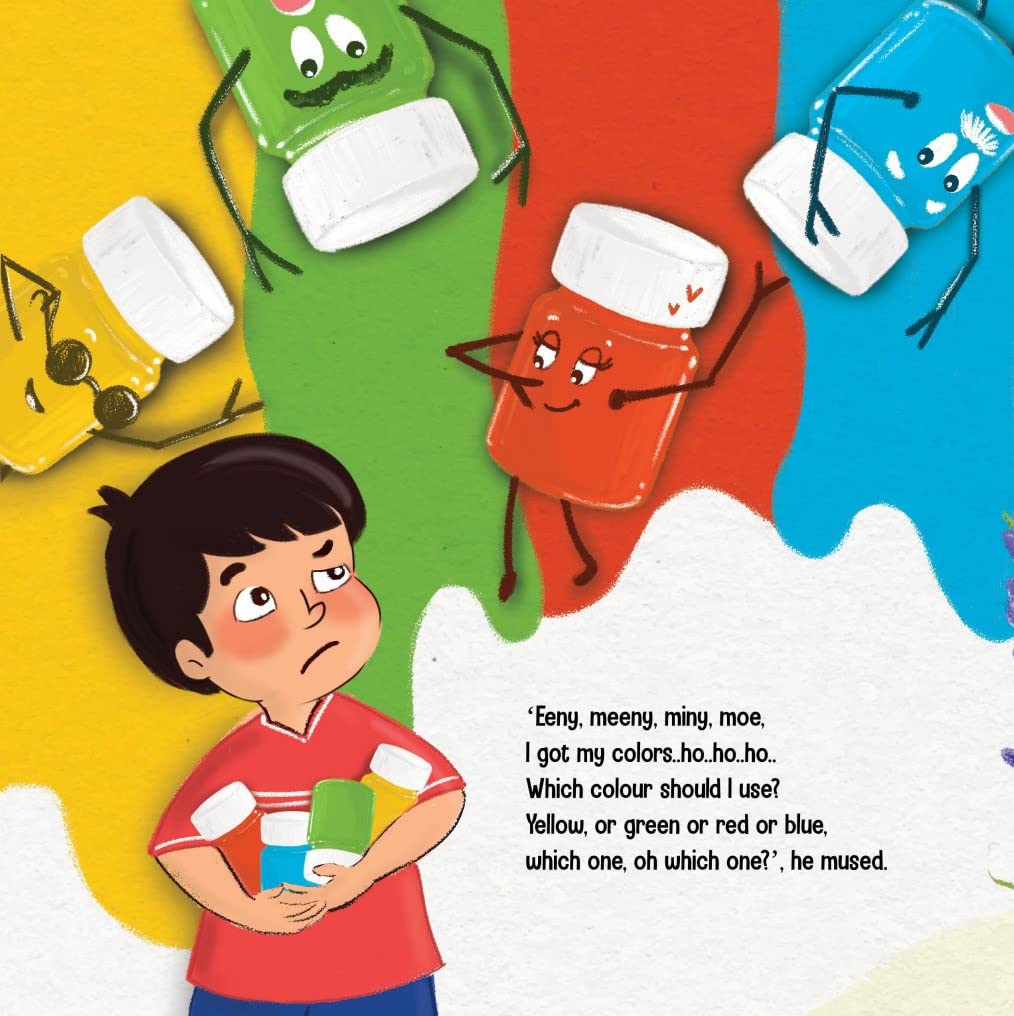 Page of a children's storybook titled 'ADI THE ARTIST' featuring an illustration of a young child with a paints and palette.