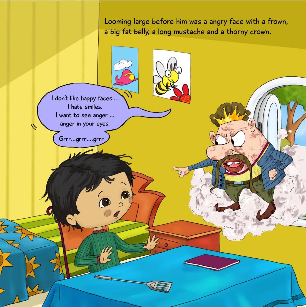 A page illustration of a personalized storybook titled 'Adi's Iddy Addy Idea' featuring a young child getting threatened by some character on cloud inside the room through the window.