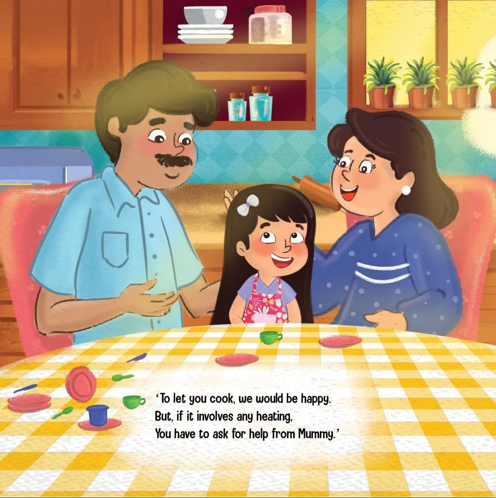 Page of a children's storybook titled 'PARI THE CHEF' featuring an illustration of a young girl with a bow in her hair, smiling with her parents sitting in the kitchen.