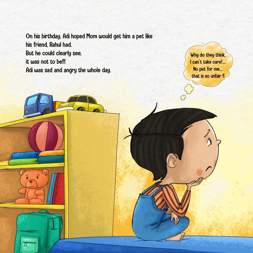 Page of a children's storybook titled 'ADI GROWS UP' featuring a cartoon of a boy sitting in his bedroom thinking.