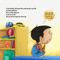 Page of a children's storybook titled 'ADI GROWS UP' featuring a cartoon of a boy sitting in his bedroom thinking.