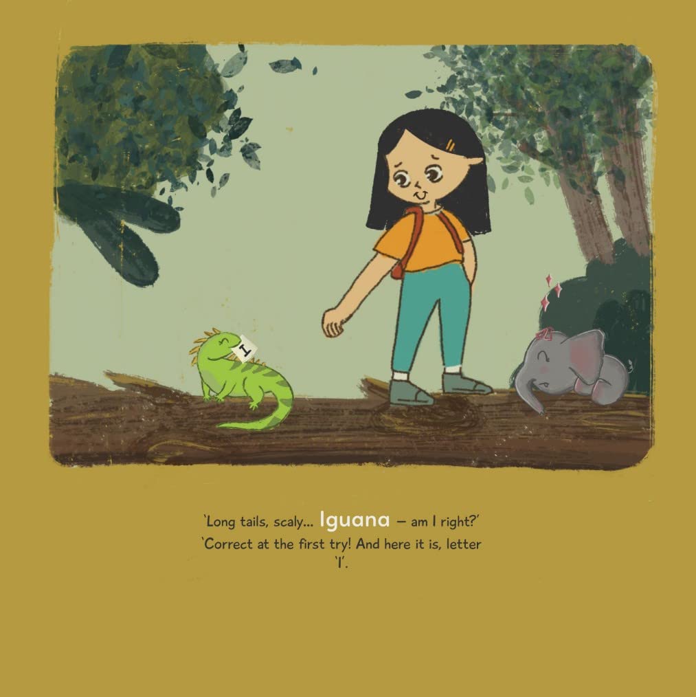 Page of a children's storybook with an illustration of a young child with a yellow flower in her hair, wearing a green dress and a red scarf, standing next to a grey elephant in a forest setting. The title 'PARI RESCUES HER PARENTS'