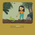 Page of a children's storybook with an illustration of a young child with a yellow flower in her hair, wearing a green dress and a red scarf, standing next to a grey elephant in a forest setting. The title 'PARI RESCUES HER PARENTS'