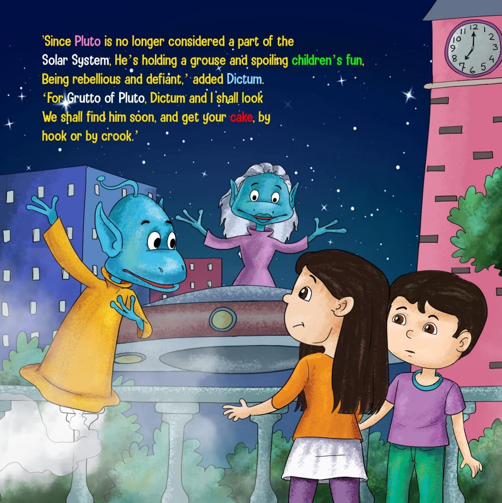 A page illustration of a children's storybook titled 'The Mystery of Paris missing birthday cake' featuring cartoonish characters, blue aliens, and a young child, with a space theme.