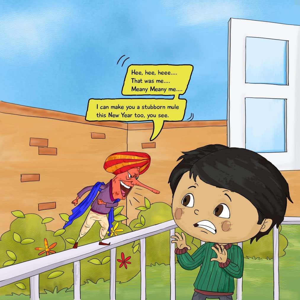 A cover illustration of a personalized storybook titled 'Adi's Iddy Addy Idea' featuring a young child getting scared of a animated character.