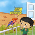 A cover illustration of a personalized storybook titled 'Adi's Iddy Addy Idea' featuring a young child getting scared of a animated character.