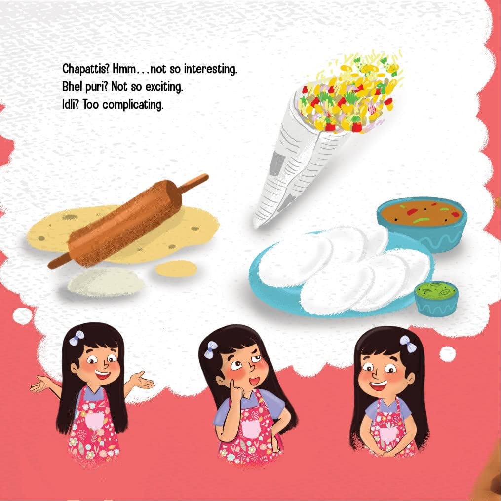 Page of a children's storybook titled 'PARI THE CHEF' featuring an illustration of a young girl with a bow in her hair, smiling and thinking of Indian food varieties.