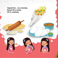 Page of a children's storybook titled 'PARI THE CHEF' featuring an illustration of a young girl with a bow in her hair, smiling and thinking of Indian food varieties.