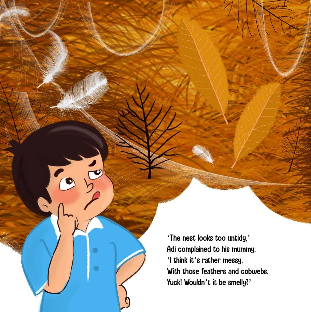 Page of a children's storybook titled 'ADI THE NATURALIST' featuring an illustration of a young child thinking about something.