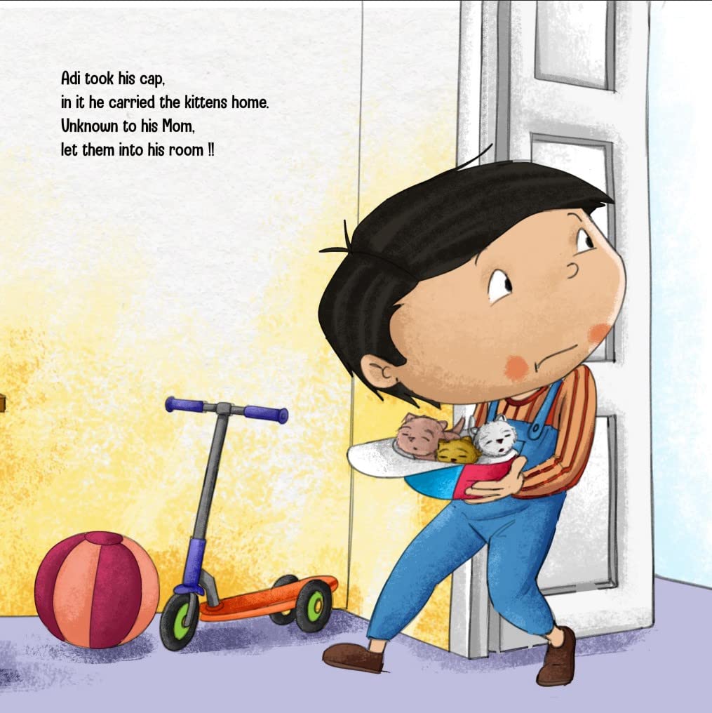 Cover of a children's storybook titled 'ADI GROWS UP' featuring a cartoon of a boy with 3 kittens in his cap escaping from a room.