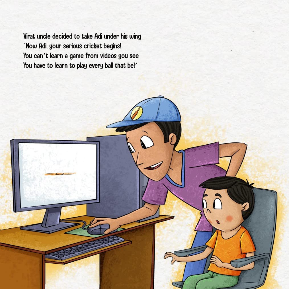 Page of a children's storybook about cricket with a cartoon illustration of a child sitting, a man standing besides and operating computer.