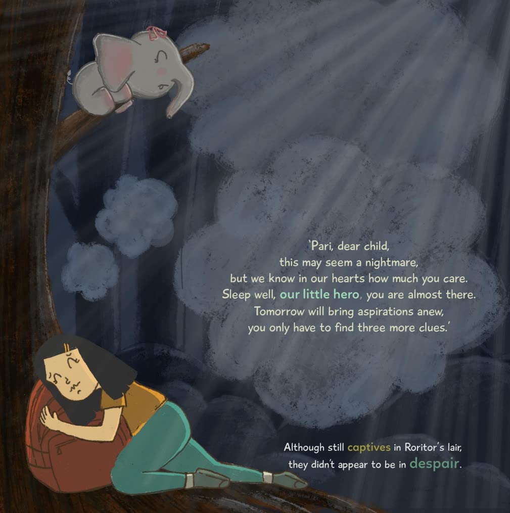 Page of a children's storybook with an illustration of a young child with a yellow flower in her hair, wearing a green dress and a red scarf, standing next to a grey elephant in a forest setting. The title 'PARI RESCUES HER PARENTS'