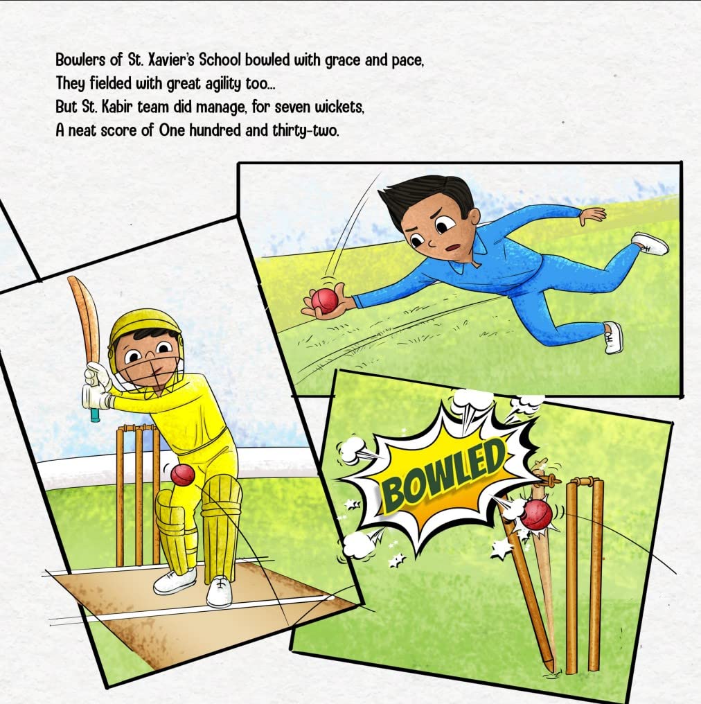 Page of a children's storybook about cricket with a cartoon illustration of a child batting, accompanied by other children and a cricket ball.