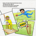 Page of a children's storybook about cricket with a cartoon illustration of a child batting, accompanied by other children and a cricket ball.