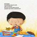 Page of a children's storybook titled 'ADI GROWS UP' featuring a cartoon of a boy with kittens on his books.