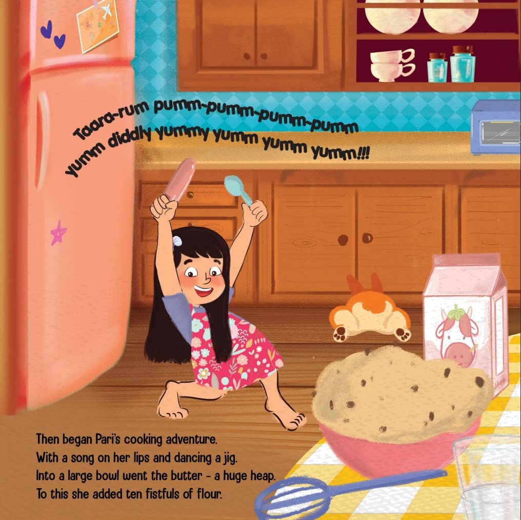 Page of a children's storybook titled 'PARI THE CHEF' featuring an illustration of a young girl with a bow in her hair, smiling and dancing in kitchen with a joy of cooking.
