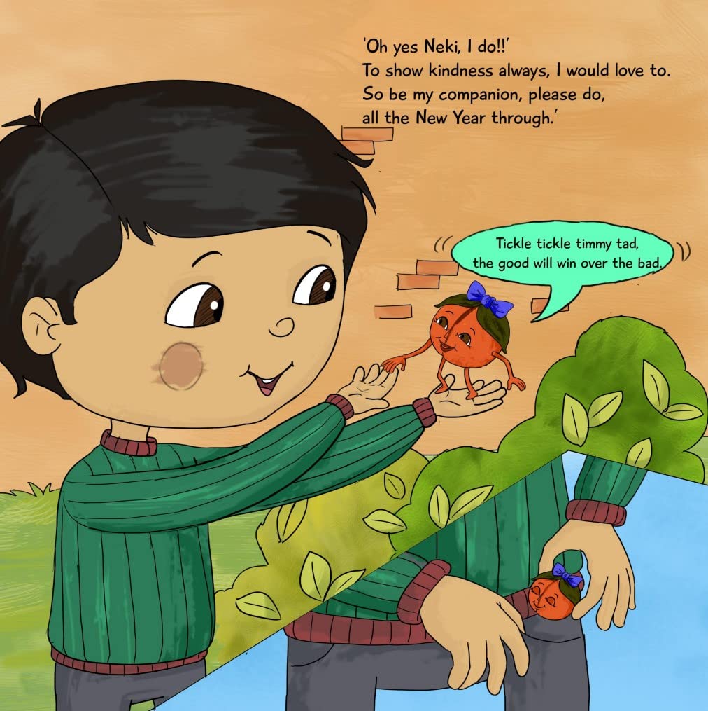 A cover illustration of a personalized storybook titled 'Adi's Iddy Addy Idea' featuring a young child talking to an animated character.