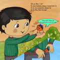 A cover illustration of a personalized storybook titled 'Adi's Iddy Addy Idea' featuring a young child talking to an animated character.