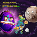 A page illustration of a children's storybook titled 'The Mystery of Paris missing birthday cake' featuring cartoonish characters, blue aliens, a green alien, a planet and 2 young child, with a space theme.