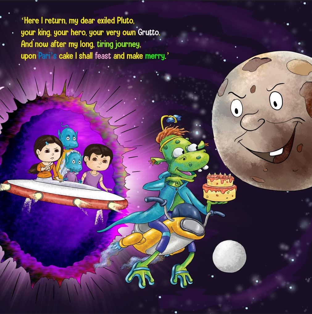 A page illustration of a children's storybook titled 'The Mystery of Paris missing birthday cake' featuring cartoonish characters, blue aliens, a green alien, a planet and 2 young child, with a space theme.