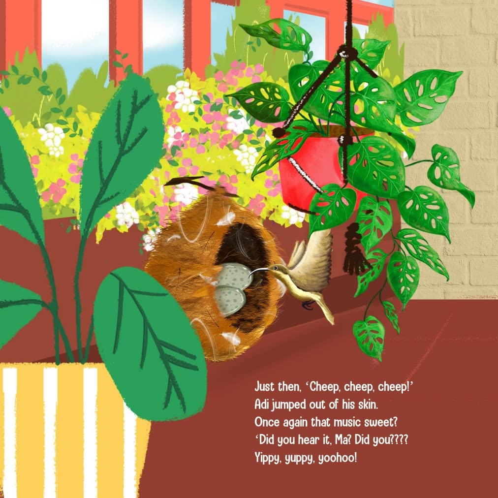 Page of a children's storybook titled 'ADI THE NATURALIST' featuring an illustration of a nest on gallery.