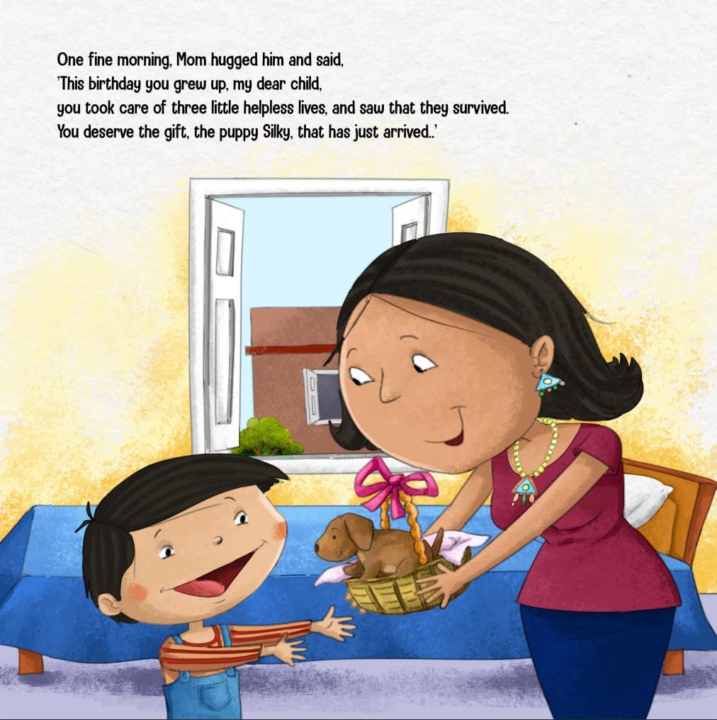 Page of a children's storybook titled 'ADI GROWS UP' featuring a cartoon of a boy with his mother and a puppy in a basket.