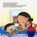 Page of a children's storybook titled 'ADI GROWS UP' featuring a cartoon of a boy with his mother and a puppy in a basket.