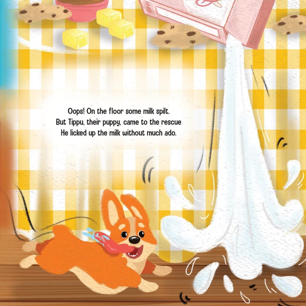Page of a children's storybook titled 'PARI THE CHEF' featuring an illustration of a dog and spilling flour.