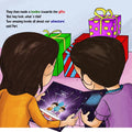 An image illustration of a children's storybook titled 'The Mystery of Paris missing birthday cake' featuring boy and girl reading the book.