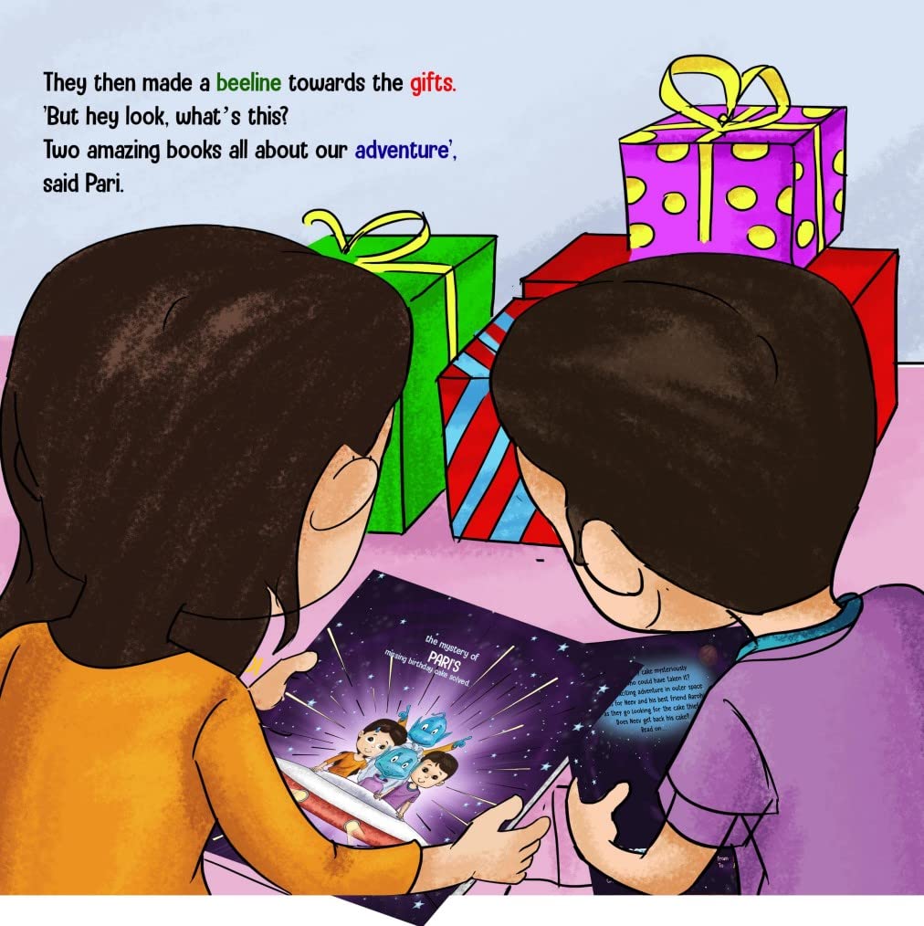 An image illustration of a children's storybook titled 'The Mystery of Paris missing birthday cake' featuring boy and girl reading the book.