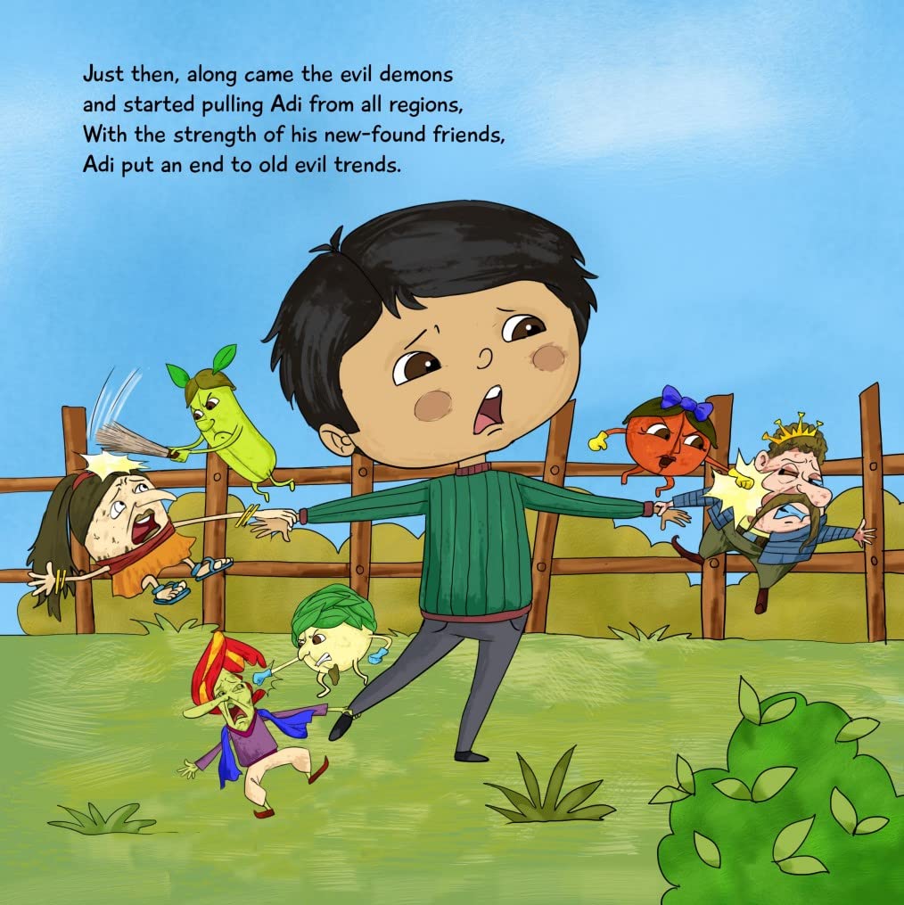 A page illustration of a personalized storybook titled 'Adi's Iddy Addy Idea' featuring a young child gets bullied and pulled by animated characters outside.