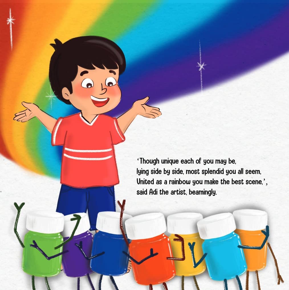 Page of a children's storybook titled 'ADI THE ARTIST' featuring an illustration of a young child with a paint bottles, palette and rainbow.