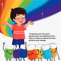 Page of a children's storybook titled 'ADI THE ARTIST' featuring an illustration of a young child with a paint bottles, palette and rainbow.