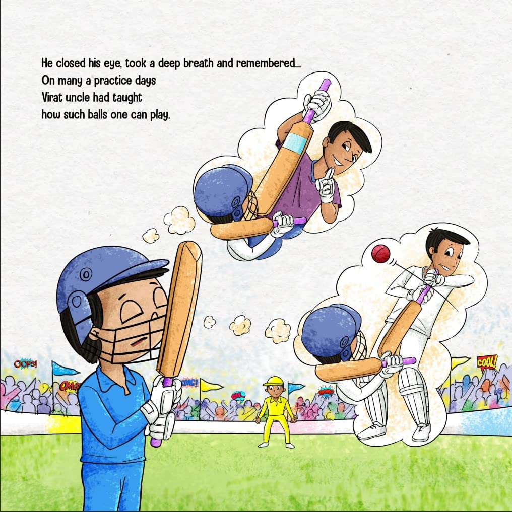 Cover of a children's storybook about cricket with a cartoon illustration of a child batting, accompanied by other children and a cricket ball.