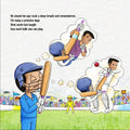Cover of a children's storybook about cricket with a cartoon illustration of a child batting, accompanied by other children and a cricket ball.