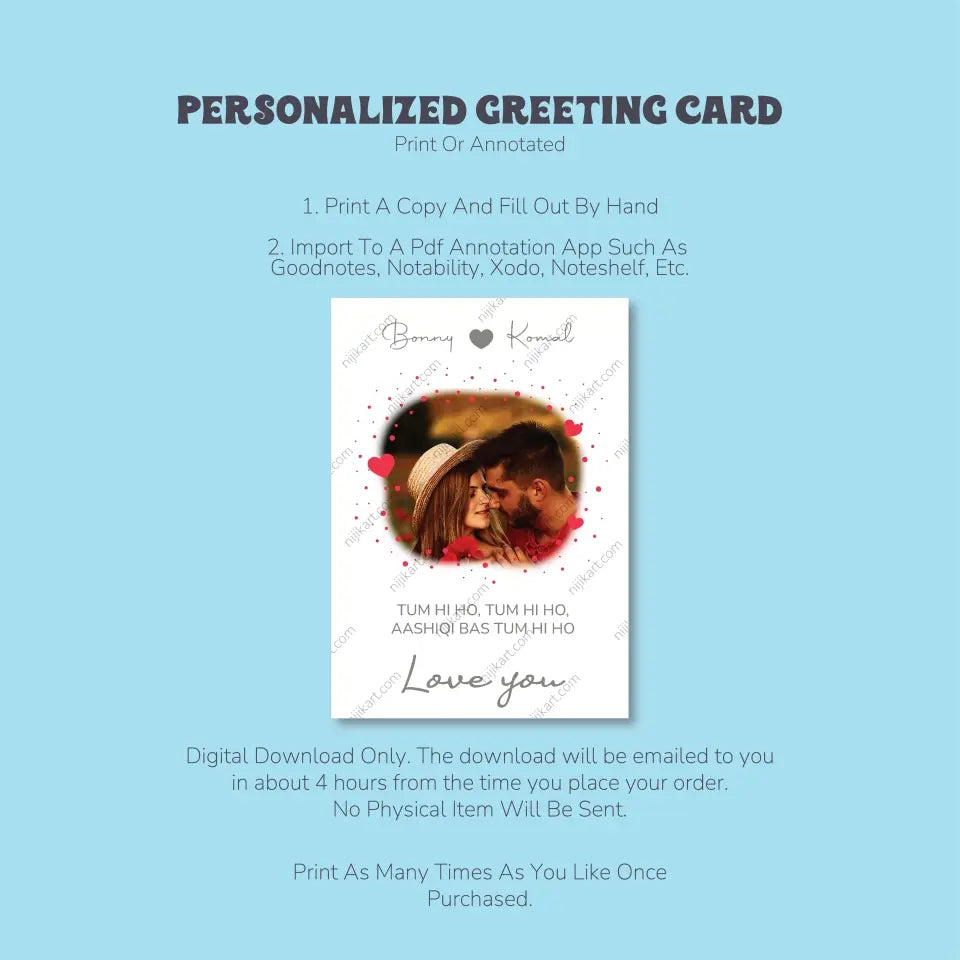 Personalized Love Quote Greeting Card: Custom Photo Upload, Name, and Text Selection, Bollywood edition