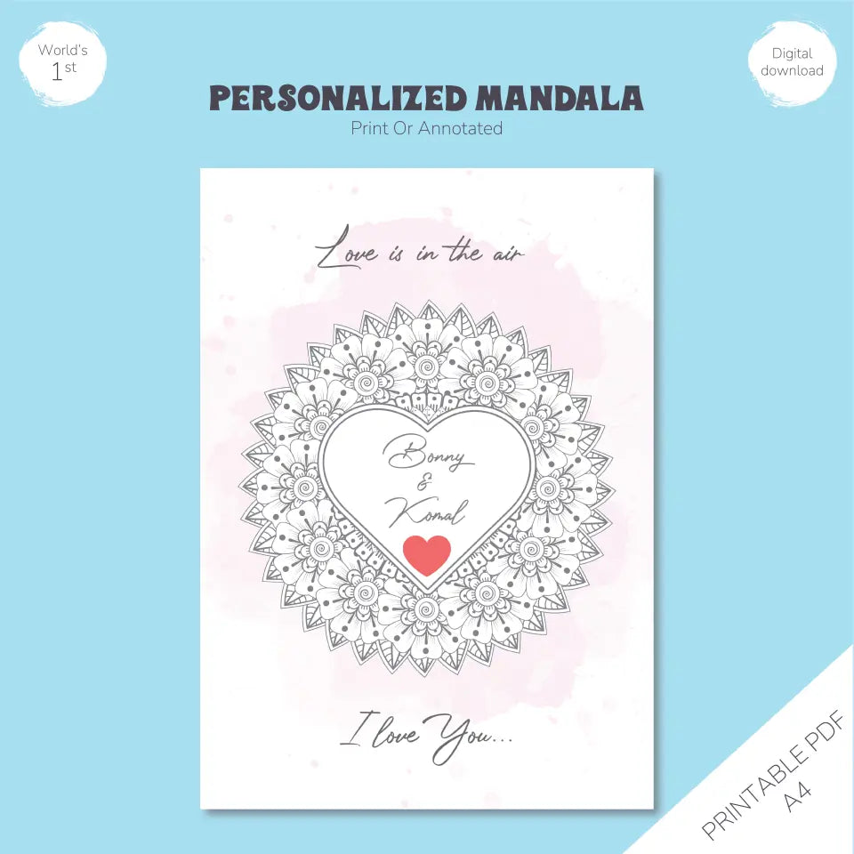 Mandala Heart Personalized Printable: Custom Name Insert, Colorable Keepsake Design