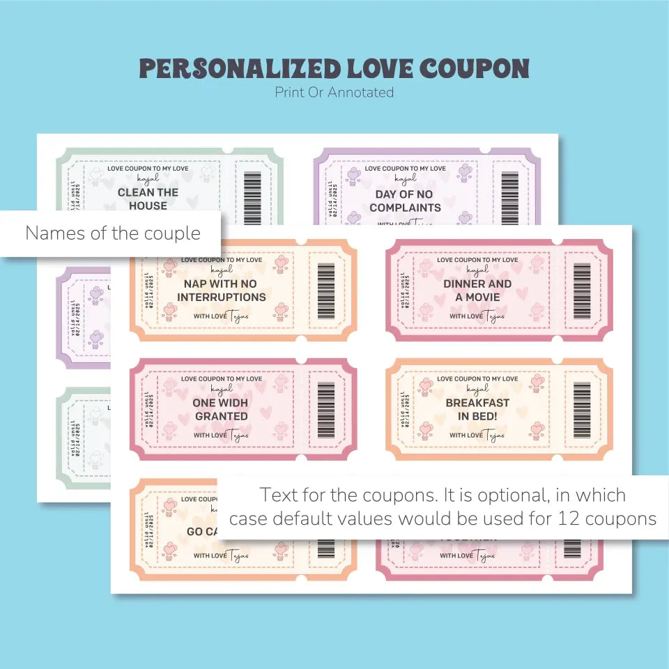 Personalized Love Coupons: Customizable Tokens of Affection, Romantic Gifts for Couples