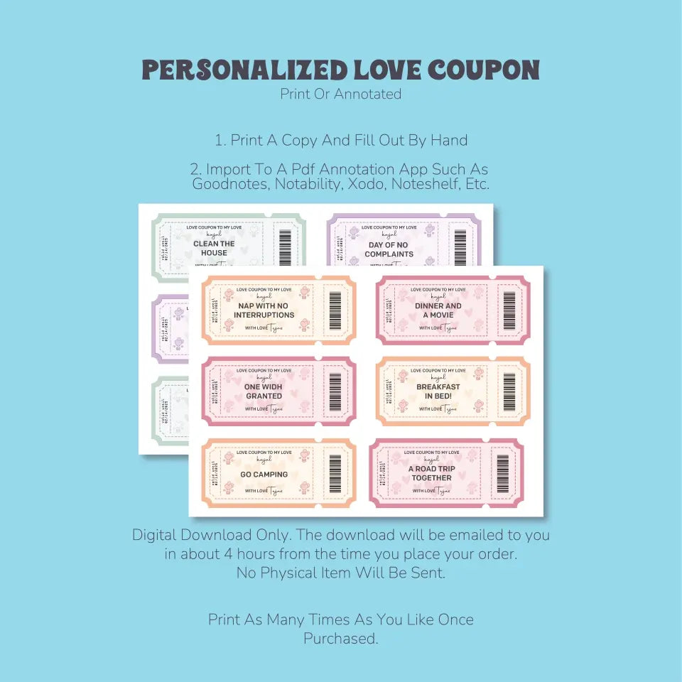 Personalized Love Coupons: Customizable Tokens of Affection, Romantic Gifts for Couples