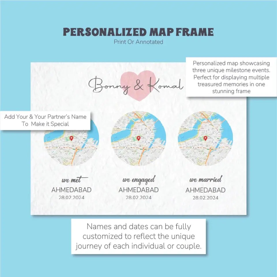 Triple Milestone Map Frame: Preserve Three Precious Memories