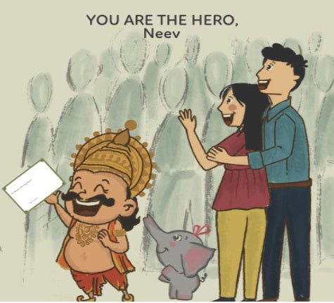 Page of a children's storybook with an illustration of a young child with a yellow flower in her hair, wearing a green dress and a red scarf, standing next to a grey elephant in a forest setting. The title 'PARI RESCUES HER PARENTS'