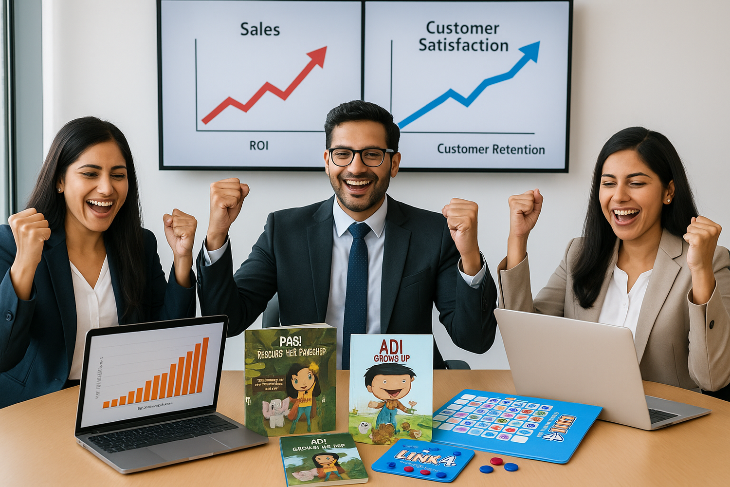 Business team celebrating with specific product covers visible